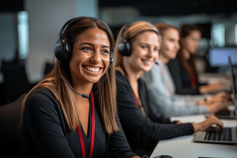 Smiling woman in headset in front of computer, behind her are 4 coworkers